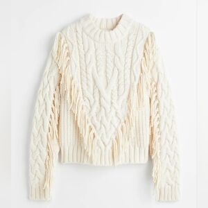 Like New H&M Cream Cable Knit Sweater with Fringe